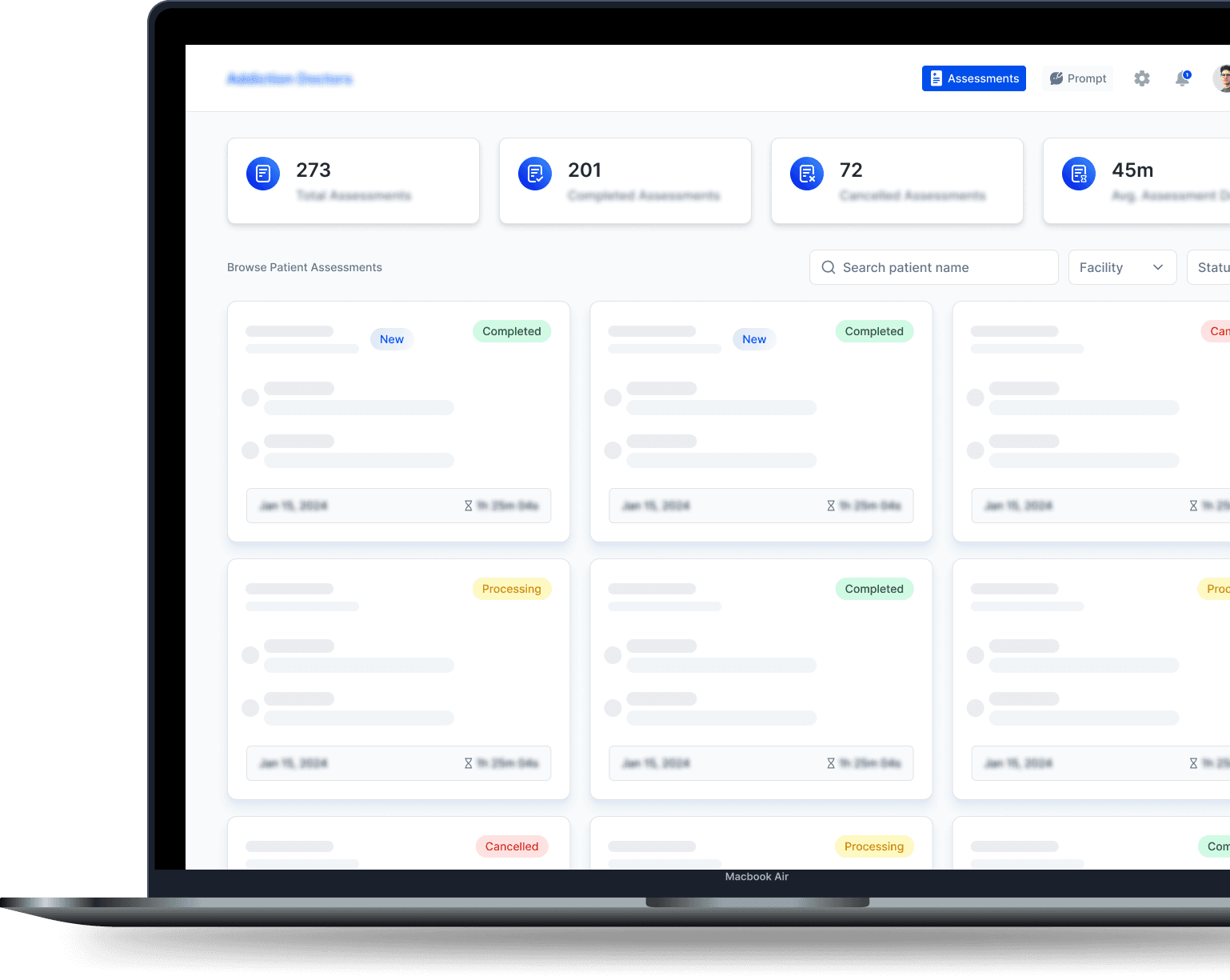 Clinician dashboard showing assessment KPIs, status tracking, and patient search