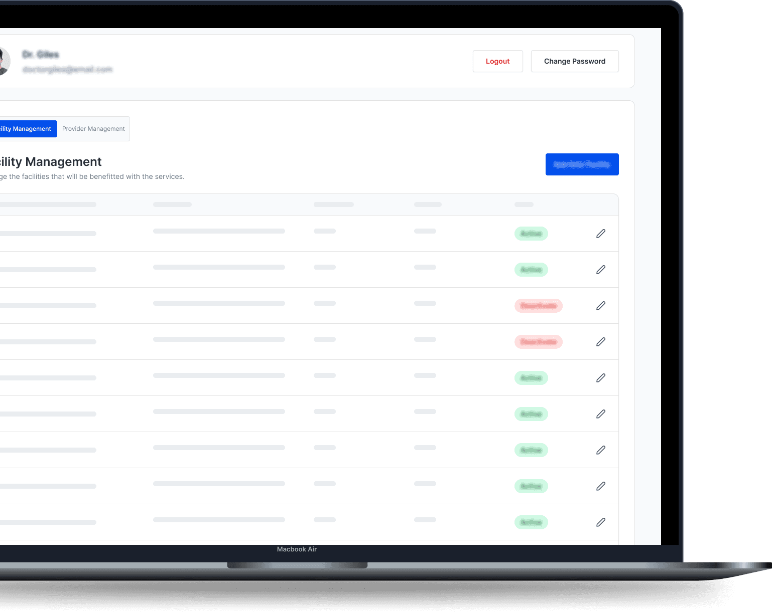 Facility management interface showing active and inactive facility status