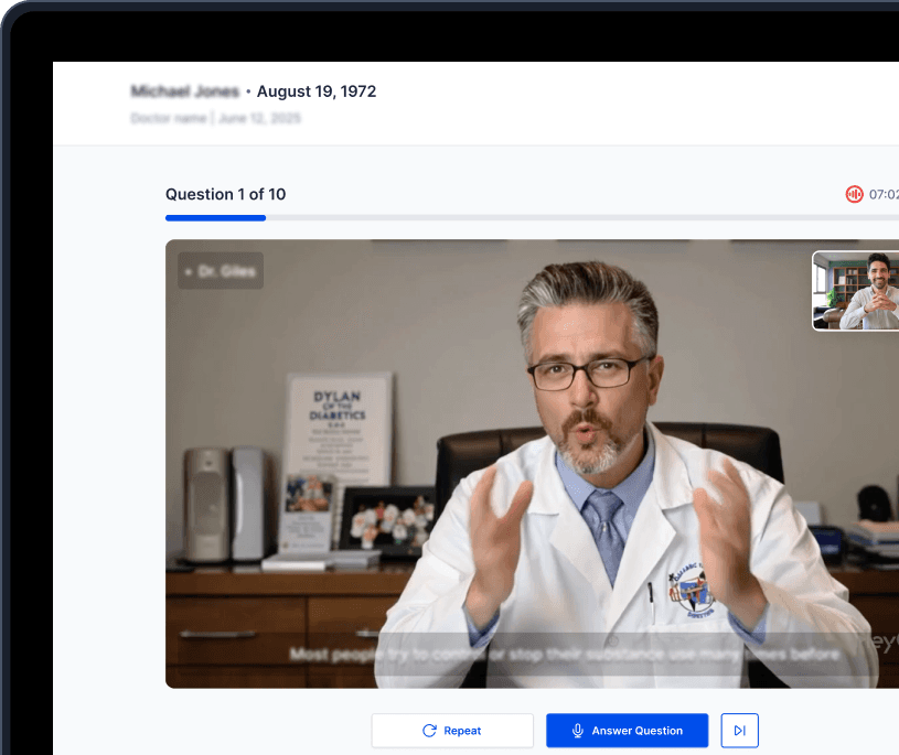 Patient intake video assessment showing Question 1 of 10 with video prompts
