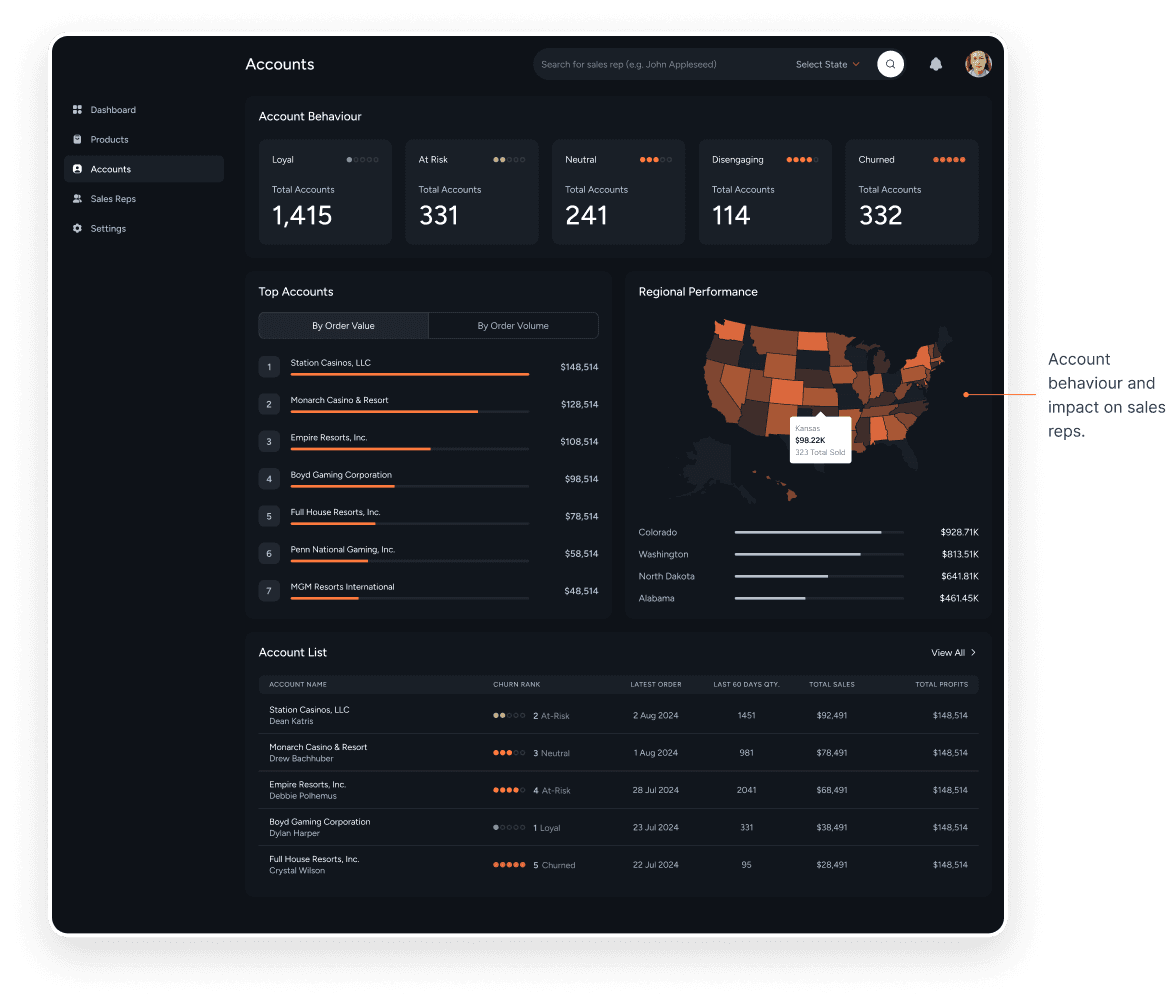 Accounts workspace showing churn segmentation, top accounts, and regional performance